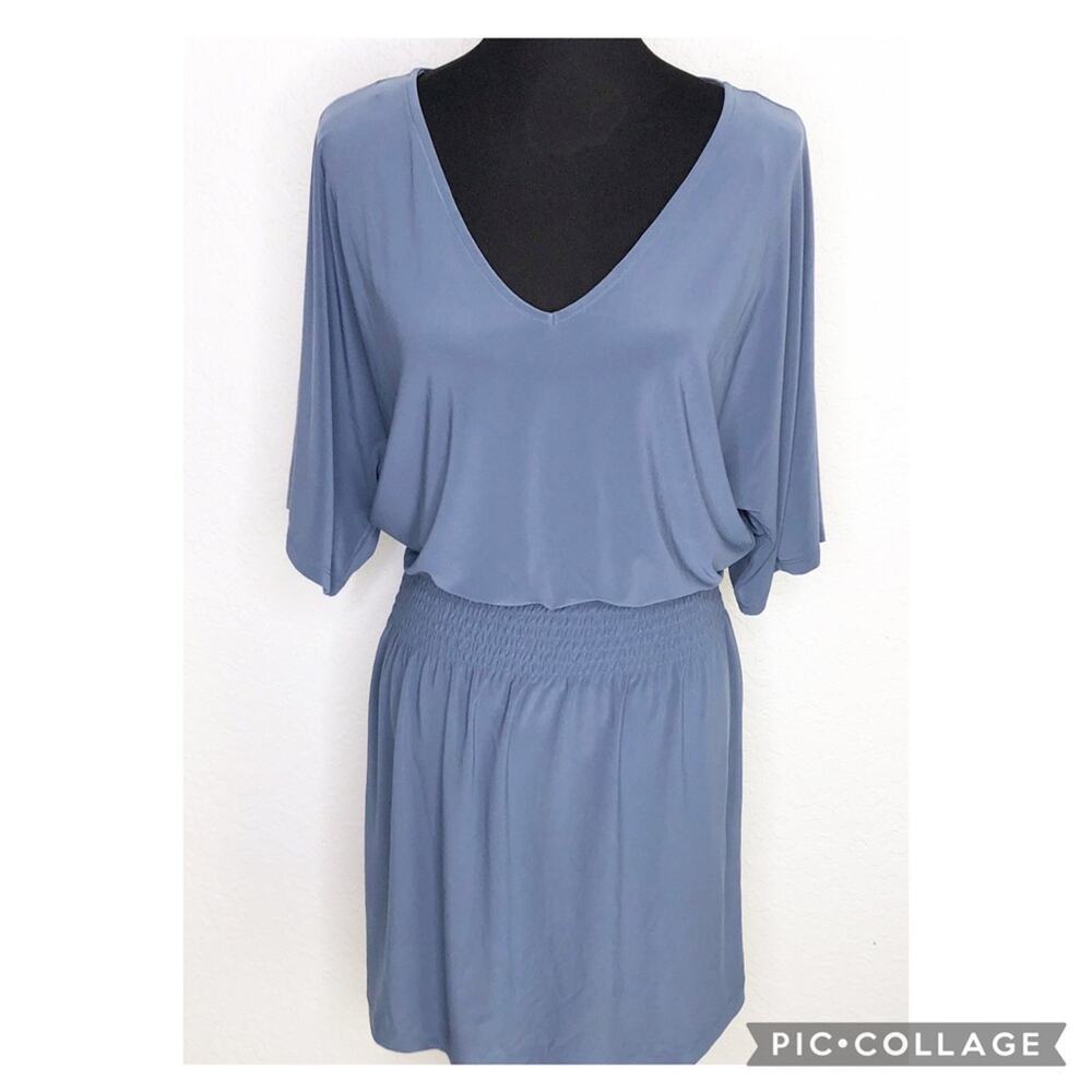 WHBM slate blue smocked waist v neck dress size Medium